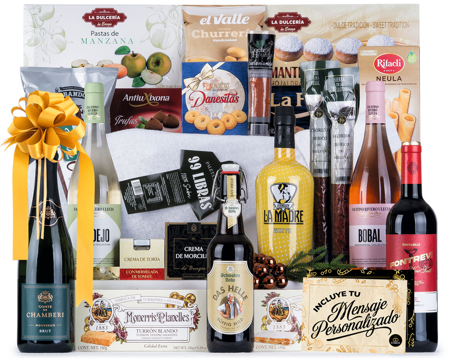 Cesta de Navidad con Jamón Gourmet 2025 (Lote 300) · Con Paleta Serrana, Vino, Cava Brut, Vermouth, Dulces y Ibéricos · Incluye Tarjeta Personalizable · Regalo Corporativo, Familiar o Personal Ideal