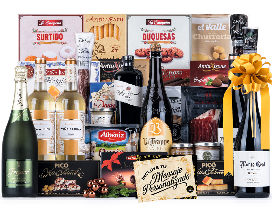 Cesta de Navidad con Jamón Gourmet 2025 (Lote 218) · Con Vinos Rioja, Cava, Ginebra, Cerveza y Dulces Selectos · Incluye Tarjeta Personalizable · Regalo Corporativo, Familiar o Personal Ideal