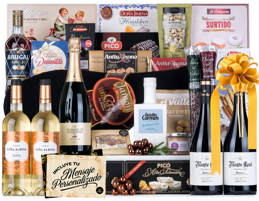 Cesta de Navidad con Jamón Gourmet 2025 (Lote 309) · Con Jamón Reserva, Vino, Cava Pago, Ron, Dulces Selectos y Tarjeta Personalizable · Regalo Corporativo, Familiar o Personal Ideal