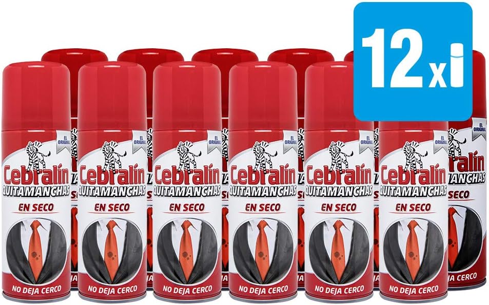 Cebralín Quitamanchas Expert en Seco, Pack Ahorro de 12 botes de 200ml (Total 2.4L). La solución profesional para eliminar manchas de grasa sin necesidad de lavar la ropa. Cebralín - frontal