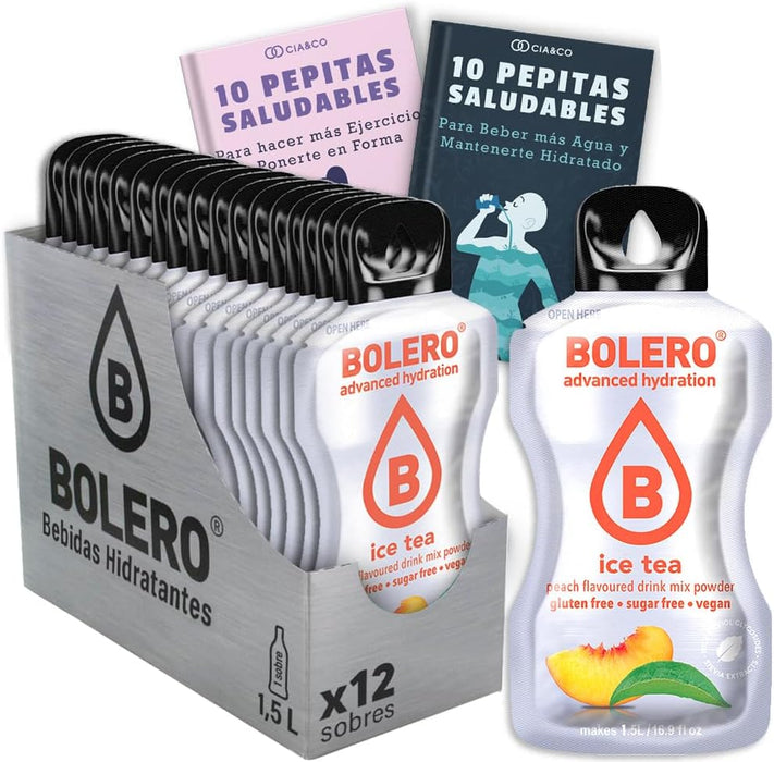 Bebida Bolero sabor Té Helado de Melocotón, Pack 12 sobres (12x9 grs). Hidratación sin azúcar con el sabor clásico del té de melocotón, con Stevia y Vitamina C. Cia&Co - frontal