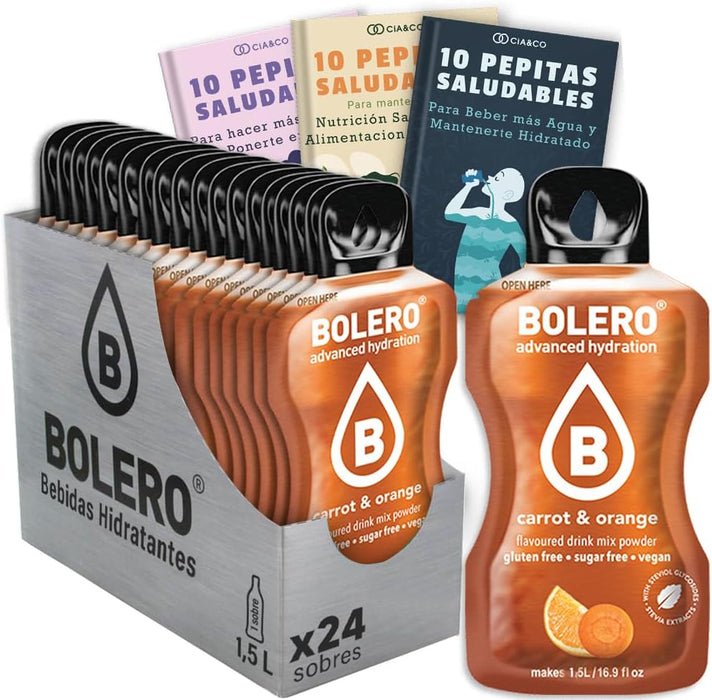 Caja de 24 sobres de Bolero Zanahoria y Naranja, una bebida hidratante sin azúcar enriquecida con vitaminas. Incluye 30 Pepitas Saludables exclusivas de Cia&Co. Cia&Co - frontal