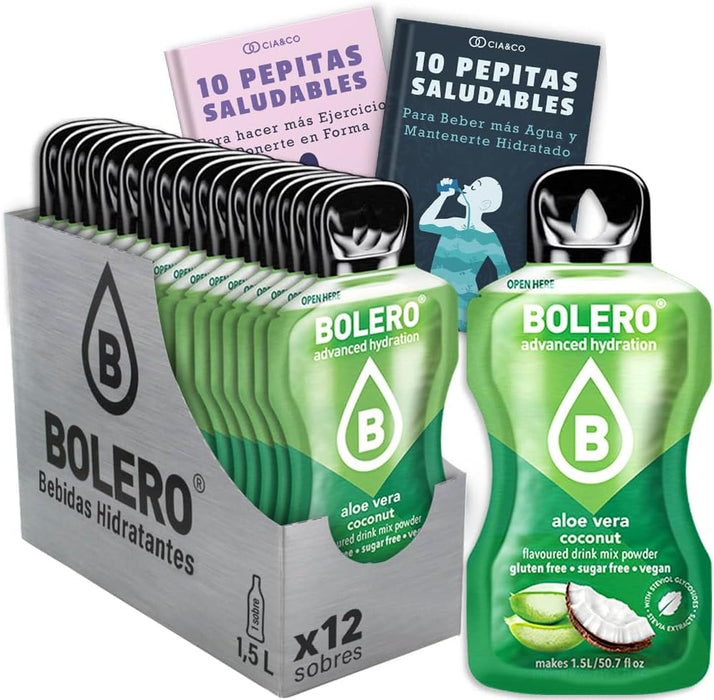 Disfruta del paraíso con este pack de 12 sobres de bebida Bolero sabor Aloe Vera Coco. Una forma deliciosa y sin azúcar de hidratarte. Incluye 20 Pepitas Saludables Cia&Co. Cia&Co - frontal