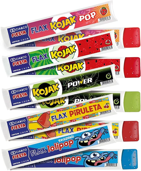Flashes Fiesta Surtido de 20 Polos para Congelar Cia&Co (20x70ml). El pack de verano con los 5 sabores de golosinas más famosos: Piruleta, Kojak Fresa, Kojak Sandía, Energy y Pinta Lenguas. Cia&Co - frontal