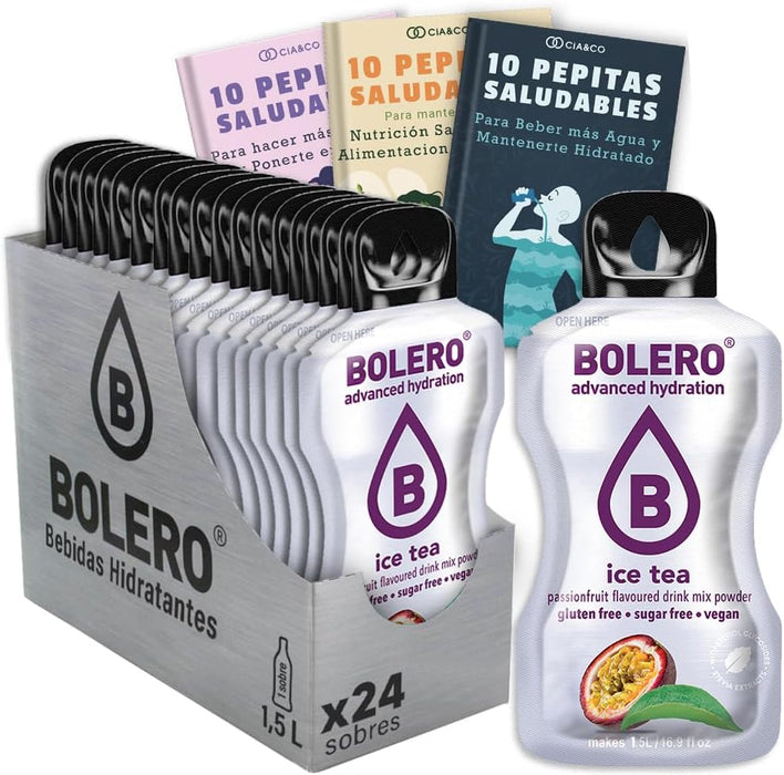 Pack de 24 Bebidas Bolero Sabor Té Helado con Fruta de la Pasión: Un refresco exótico y sin azúcar, con 30 Pepitas Saludables Cia&Co de regalo. Cia&Co - frontal