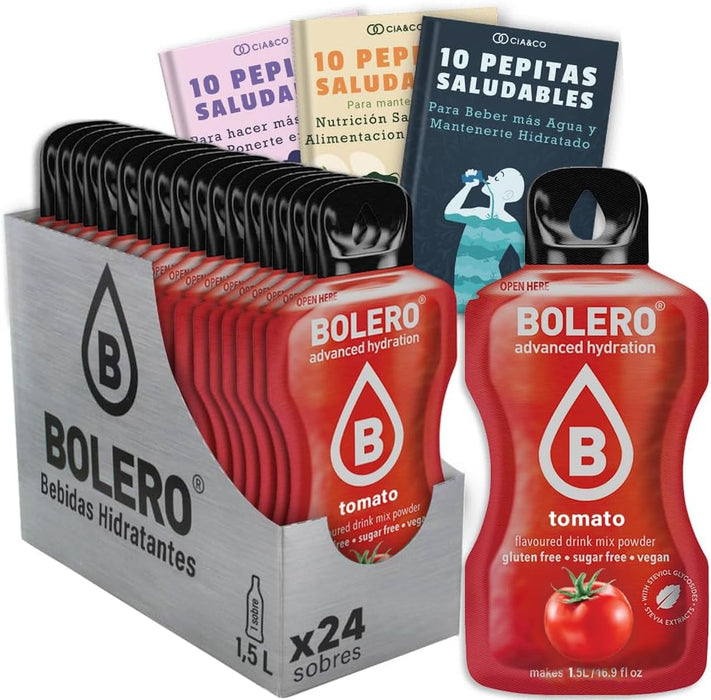 Pack de 24 sobres de Bolero sabor Tomate, una bebida hidratante y sorprendente sin azúcar. Incluye 30 Pepitas Saludables para inspirar tu bienestar by Cia&Co. Cia&Co - frontal