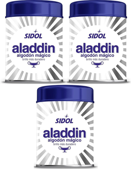 Aladdin Algodón Mágico Limpia Metales, Pack de 3x75g. La solución definitiva para limpiar y abrillantar plata, oro, cromo y otros metales con un brillo espectacular y duradero. Colon - frontal