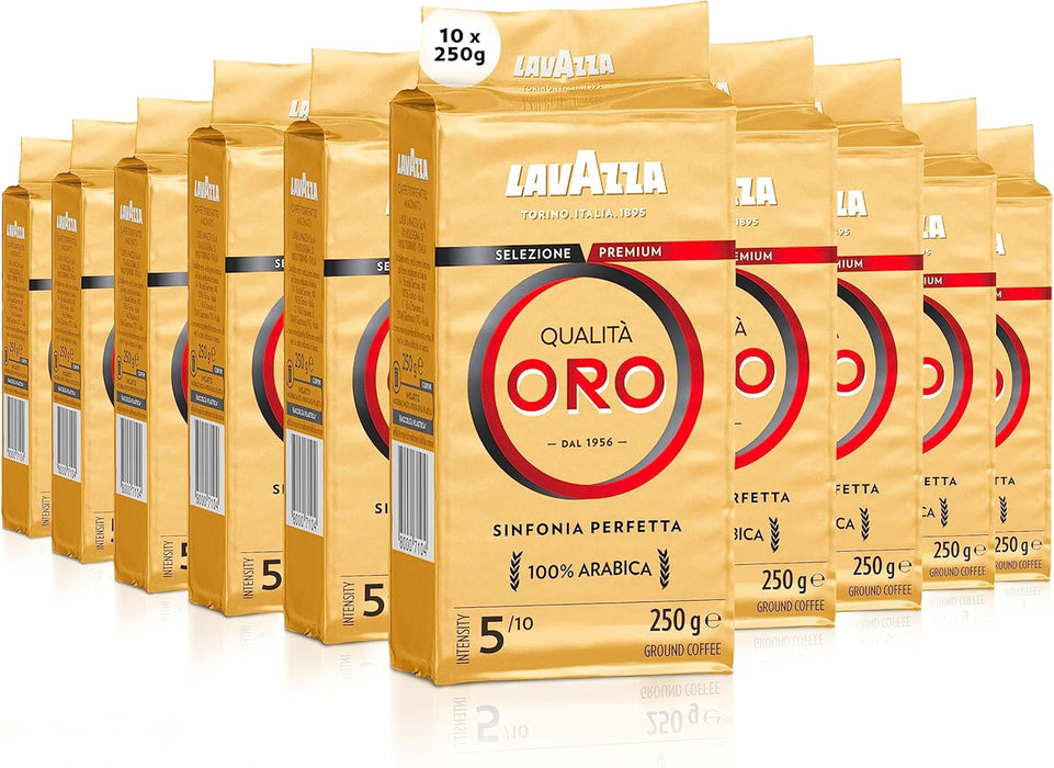Lavazza Qualità Oro, Café Molido Natural, Pack Ahorro 10x250g (2.5kg), Exclusivo Amazon. Café 100% Arábica ideal para cafetera italiana, de filtro y francesa. Lavazza - frontal