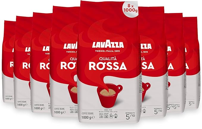 Lavazza Qualità Rossa, Café en Grano, Tostado Medio, Pack Ahorro para Hostelería de 8 bolsas de 1kg (Total 8kg). El blend italiano perfecto para un espresso con cuerpo. Lavazza - frontal