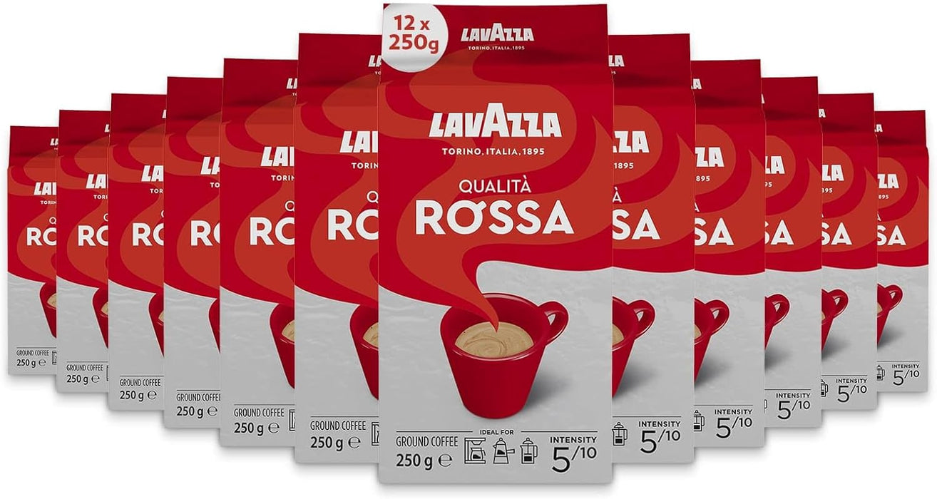 Pack Ahorro de 12 paquetes de Café Molido Lavazza Qualità Rossa (12x250g). El café italiano por excelencia, con notas de chocolate y un sabor rico y con cuerpo. Lavazza - frontal