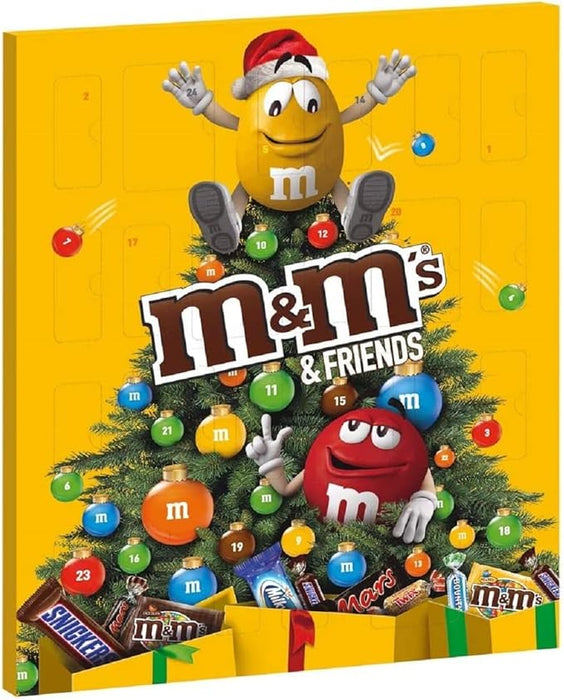 Calendario de Adviento M&M's & Friends con 361g de chocolatinas surtidas. Reúne a tus marcas favoritas: Twix, Snickers, Mars, Bounty, Milky Way y M&M's para una Navidad divertida. M&M's - frontal