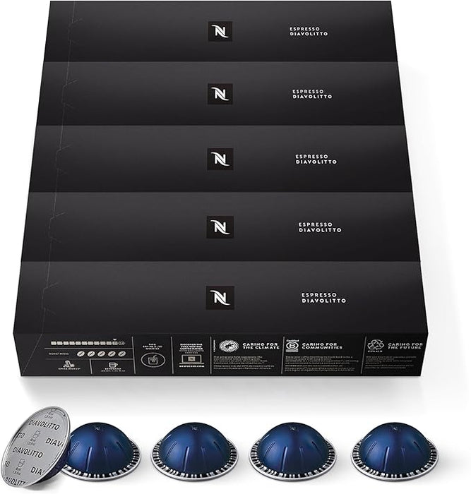 Pack de 50 Cápsulas Nespresso Vertuo Diavolitto. Un café espresso (40 ml) de tueste oscuro e intensidad 11, solo compatible con el sistema de cafeteras Nespresso Vertuo. Nespresso - frontal