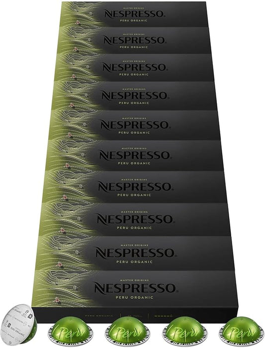 Pack Familiar 100 cápsulas Nespresso Vertuo Peru Organic. Café Espresso (40ml) ecológico de intensidad 6, con un elegante sabor afrutado y notas de cereal. Nespresso - frontal
