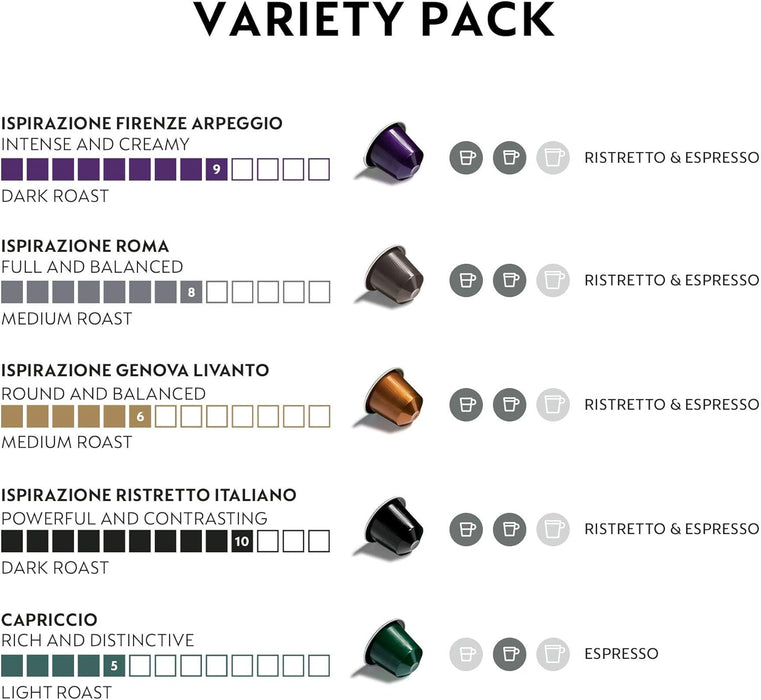 Pack Surtido de 50 Cápsulas Nespresso Originales, una selección de cafés con tuestes variados: 10 Roma, 10 Ristretto, 10 Arpeggio, 10 Capriccio y 10 Livanto. Nespresso - detalle