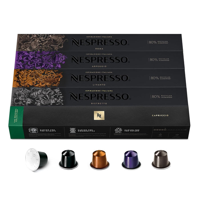 Pack Surtido de 50 Cápsulas Nespresso Originales, una selección de cafés con tuestes variados: 10 Roma, 10 Ristretto, 10 Arpeggio, 10 Capriccio y 10 Livanto. Nespresso - extra