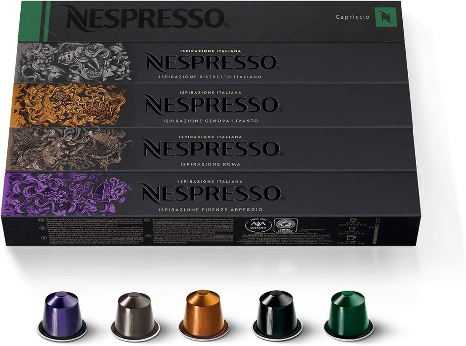 Pack Surtido de 50 Cápsulas Nespresso Originales, una selección de cafés con tuestes variados: 10 Roma, 10 Ristretto, 10 Arpeggio, 10 Capriccio y 10 Livanto. Nespresso - frontal