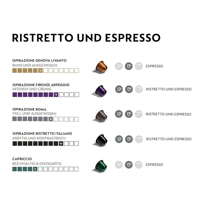 Pack Surtido de 50 Cápsulas Nespresso Originales, una selección de cafés con tuestes variados: 10 Roma, 10 Ristretto, 10 Arpeggio, 10 Capriccio y 10 Livanto. Nespresso - zoom