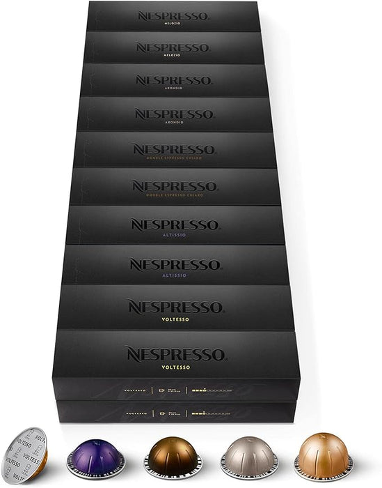 Surtido Nespresso Vertuo Top Selection 200 Cápsulas. Mega pack con los 5 cafés más vendidos en todos los tamaños: Voltesso, Altissio, Chiaro, Arondio y Melozio. Para cafeteras Vertuo. Nespresso - frontal
