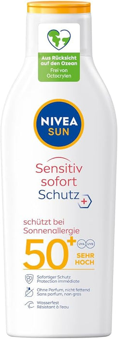 NIVEA SUN Sensitive Loción Solar Antialergias FP50+ (200ml): Protección muy alta para pieles sensibles en una fórmula calmante con aloe vera, sin perfume. Nivea - frontal