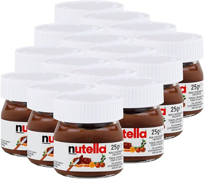 Nutella Mini Tarros de Cristal, Pack de 15x25g. La crema de avellanas y cacao más famosa del mundo en un adorable formato miniatura, ideal para regalar, para fiestas o para buffets. Nutella - frontal