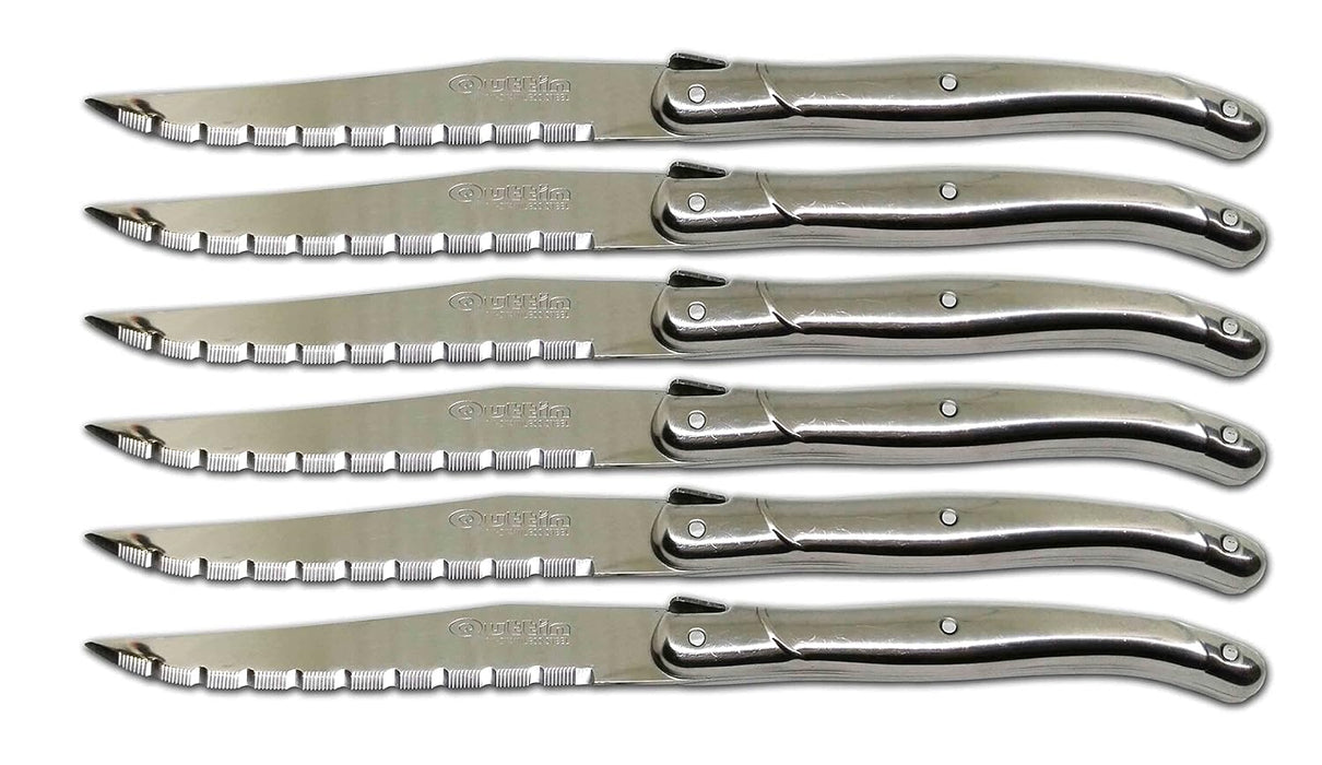 Quttin Set de 6 Cuchillos Chuleteros Inox Modelo Francés: Disfruta de un corte perfecto en tus carnes con un diseño clásico y una sierra que nunca necesita afilar. Quittin - frontal