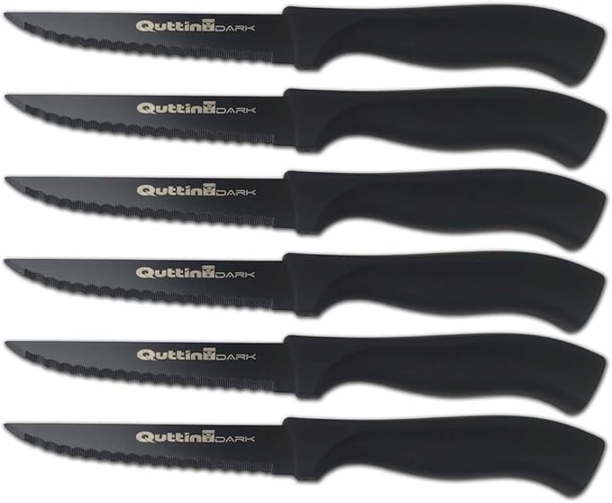 Quttin Dark Set 6 Cuchillos Chuleteros (11cm): Diseño moderno con hoja de acero inox con recubrimiento cerámico antiadherente y mango ergonómico de silicona. Quttin - frontal