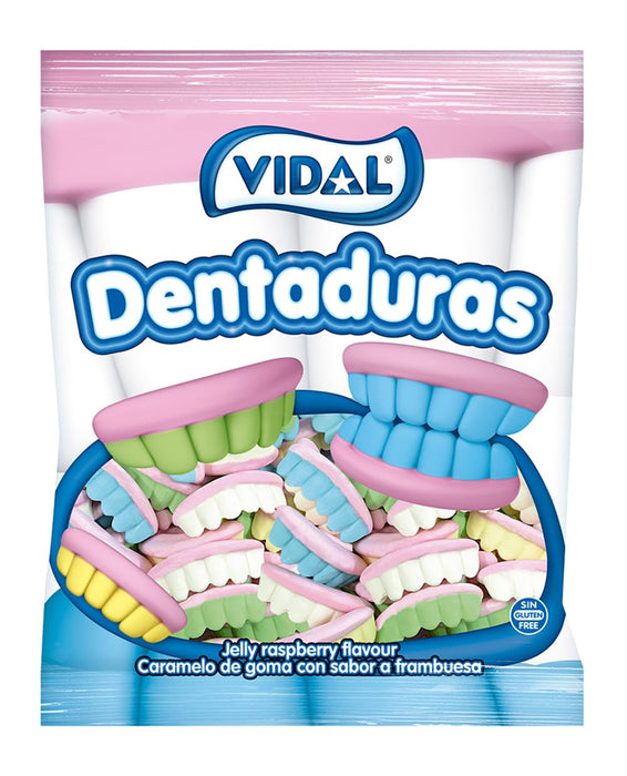 Vidal Golosinas Dentaduras Sabor Frambuesa (Bolsa 250 uds): El divertido caramelo de goma sin gluten, ideal para fiestas, Halloween y mesas dulces. Vidal - frontal