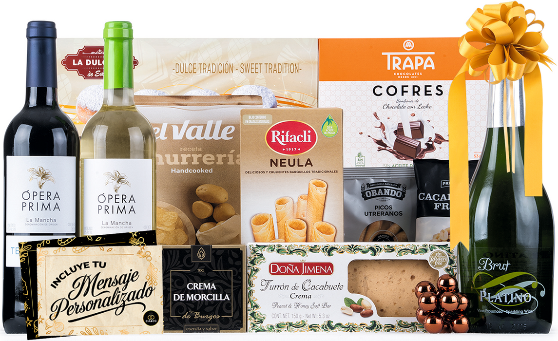 Cesta de Navidad Gourmet 2025 (Lote 202) · Con Vino Tinto, Vino Blanco, Brut, Dulces y Aperitivos · Incluye Tarjeta Personalizable · Regalo Corporativo, Familiar o Personal