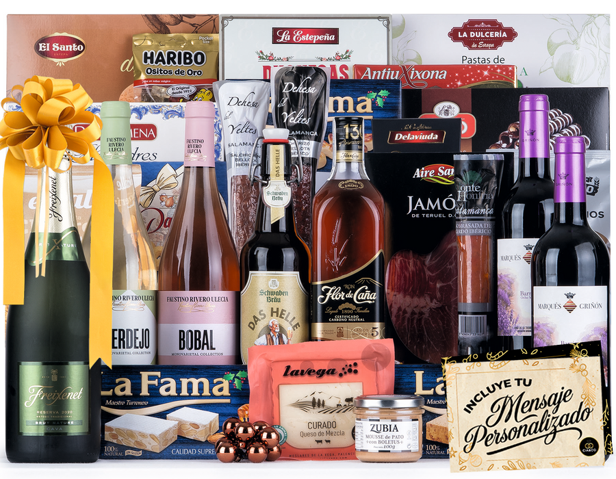 Cesta de Navidad con Ibéricos de Bellota Gourmet 2025 (Lote 215) · Con Cava, Vinos, Ron, Cerveza, Dulces, Ibéricos y Queso · Incluye Tarjeta Personalizable · Regalo Corporativo, Familiar o Personal