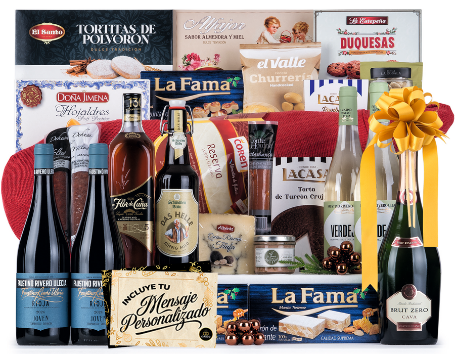 Cesta de Navidad con Jamón Gourmet 2025 (Lote 307) · Con Jamón, Cava Brut, Vinos, Ron, Embutidos, Turrones y Dulces Selectos · Incluye Tarjeta Personalizable · Regalo Corporativo o Familiar Premium