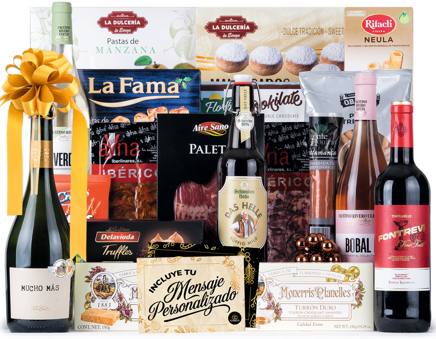 Cesta de Navidad con Ibéricos Gourmet 2025 (Lote 207) · Con Espumoso, 3 Vinos, Aperitivos, Turrones, Ibéricos y Dulces · Incluye Tarjeta Personalizable · Regalo Corporativo, Familiar o Personal