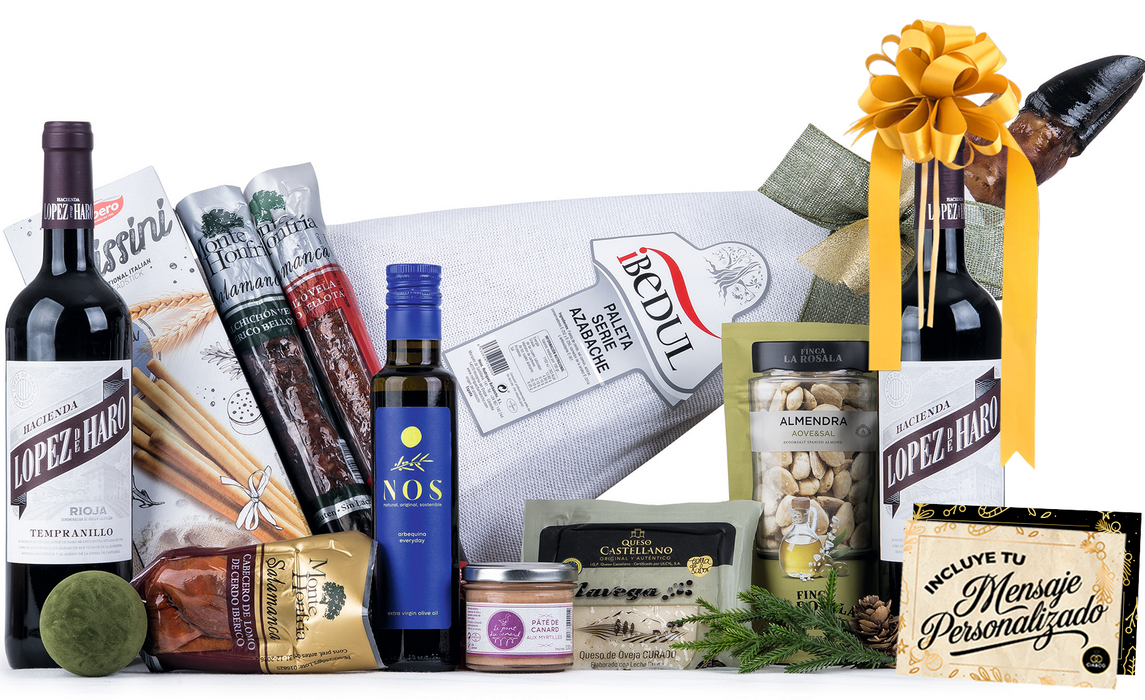 Cesta de Navidad con Jamón Gourmet 2025 (Lote 403) · Paleta Ibérica Ibédul, Vinos DO Rioja, Cava Juvé & Camps, Queso Castellano, Turrones y Dulces · Tarjeta Personalizable · Regalo Corporativo Premium