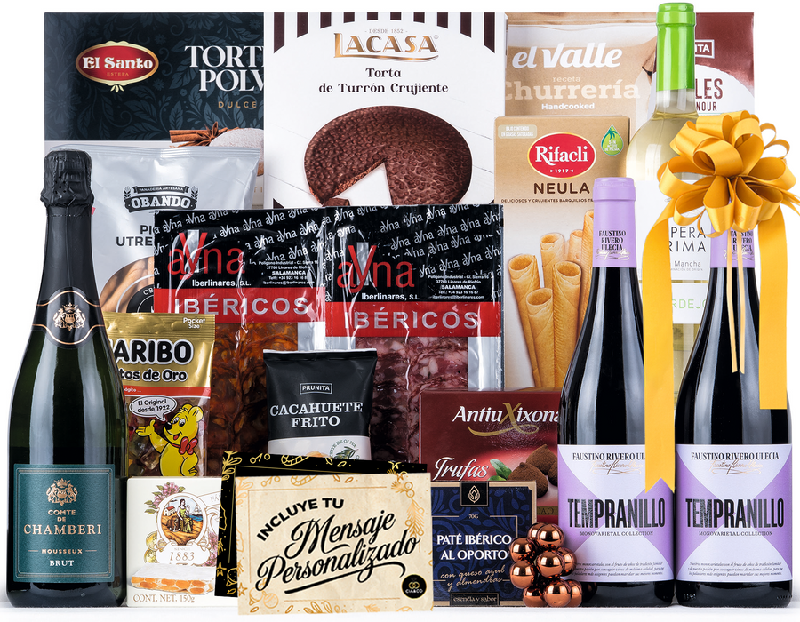 Cesta de Navidad con Ibéricos de Bellota Gourmet 2025 (Lote 205) · Vinos Faustino & Ópera, Brut, Ibéricos, Turrones y Dulces · Incluye Tarjeta Personalizable · Regalo Corporativo o Familiar
