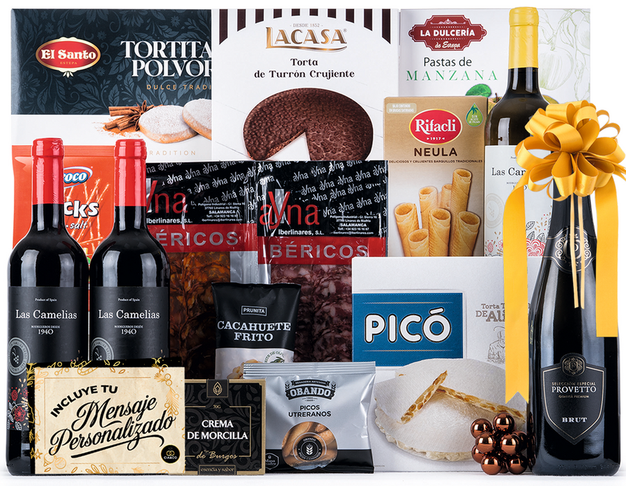 Cesta de Navidad con Ibéricos de Bellota Gourmet 2025 (Lote 204) · Vinos, Brut Provetto, Turrones, Dulces e Ibéricos · Con Tarjeta Personalizable · Regalo Corporativo, Familiar o Personal