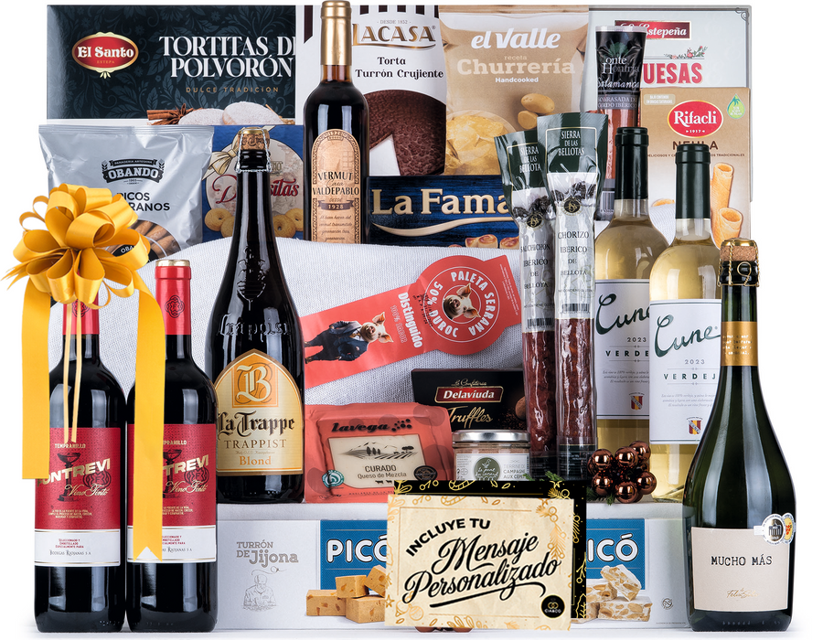 Cesta de Navidad con Jamón Gourmet 2025 (Lote 301) · Incluye Paleta Serrana, Vinos Tinto y Blanco, Espumoso, Dulces Selectos y Ibéricos · Tarjeta Personalizable · Regalo Corporativo o Familiar Ideal
