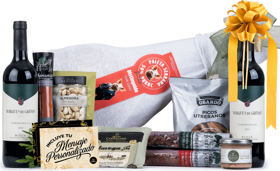 Cesta de Navidad con Jamón Gourmet 2025 (Lote 401) · Paleta Serrana Duroc, Vinos Marqués, Queso, Ibéricos y Más · Incluye Tarjeta Personalizable · Regalo Corporativo, Familiar o Personal Ideal