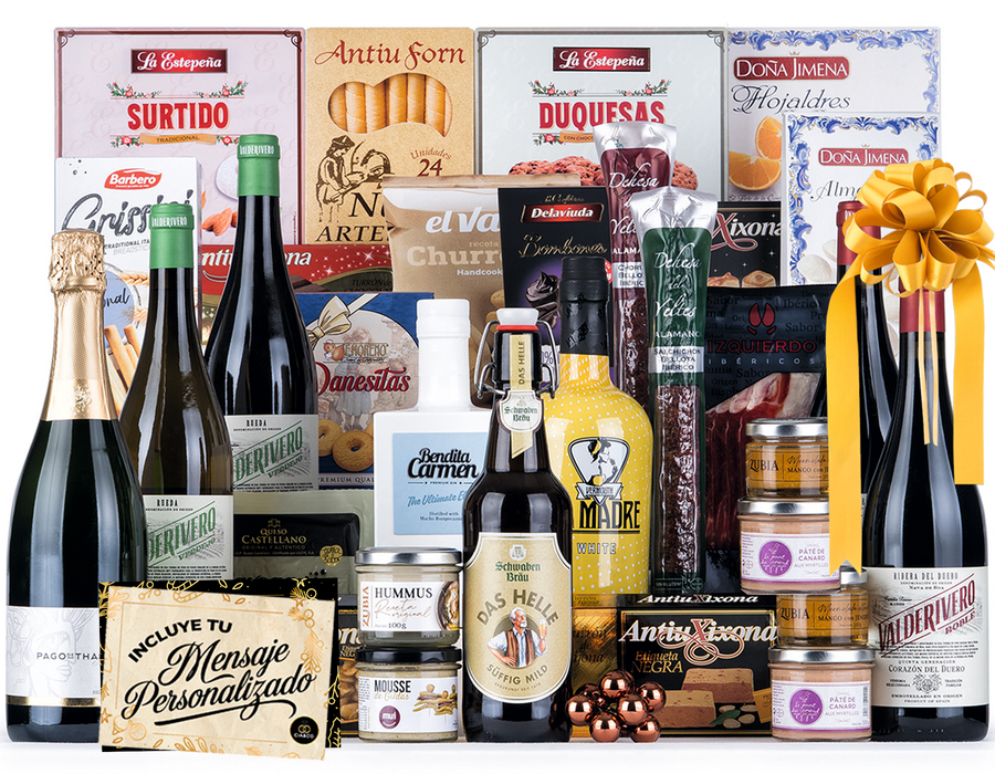 Cesta de Navidad con Jamón Gourmet 2025 (Lote 219) · Con Cava Brut Nature, Vinos Ribera y Rueda, Ginebra, Vermouth y Dulces Selectos · Tarjeta Personalizable · Regalo Corporativo, Familiar o Personal
