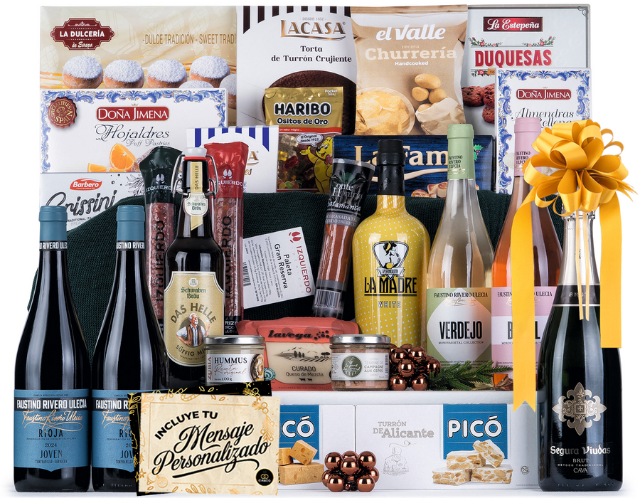 Cesta de Navidad con Jamón Gourmet 2025 (Lote 302) · Con Paleta, Cava Segura, Vinos Faustino Rivero, Vermouth, Dulces y Embutido Selecto · Tarjeta Personalizable · Regalo Corporativo o Familiar Ideal