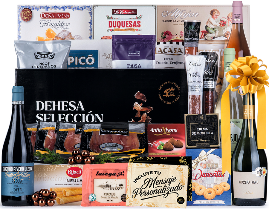Cesta de Navidad con Jamón Gourmet 2025 (Lote 216) · Con Ibéricos Especiales, Vino, Brut, Dulces Variados, Embutidos y Queso · Incluye Tarjeta Personalizable · Regalo Corporativo, Familiar o Personal