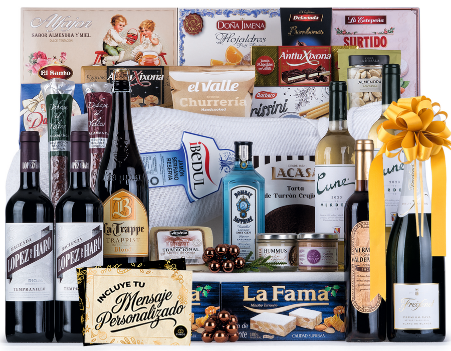 Cesta de Navidad con Jamón Gourmet 2025 (Lote 308) · Con Jamón Reserva, Vinos Rioja & Cune, Cava, Ginebra, Dulces y Ibéricos · Tarjeta Personalizable · Regalo Corporativo, Familiar o Personal Ideal