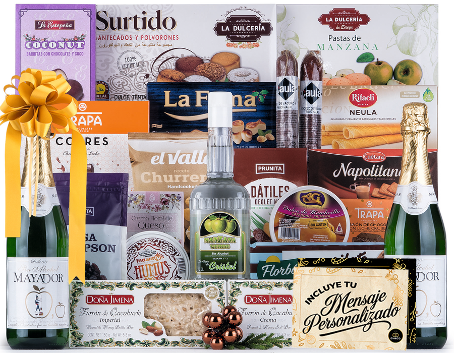 Cesta de Navidad Gourmet Sin Alcohol y Halal 2025 (Lote 211) · Sin Grasa Porcina · Sidra Mayador, Licor de Manzana y Dulces Selectos · Tarjeta Personalizable · Regalo Corporativo, Familiar o Personal