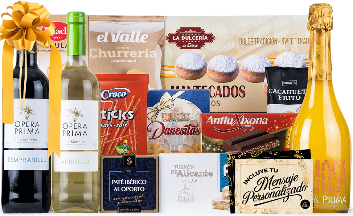 Cesta de Navidad Gourmet 2025 (Lote 203) · Con Vinos Ópera Prima, Mimosa, Turrones, Dulces Selectos y Paté Ibérico · Incluye Tarjeta Personalizable · Regalo Corporativo, Familiar o Personal Ideal