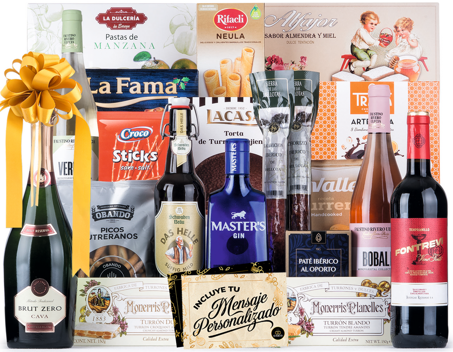 Cesta de Navidad con Ibéricos de Bellota Gourmet 2025 (Lote 210) · Con Vino Tinto/Blanco/Rosado, Cava Brut, Ginebra y Dulces · Incluye Tarjeta Personalizable · Regalo Corporativo, Familiar o Personal