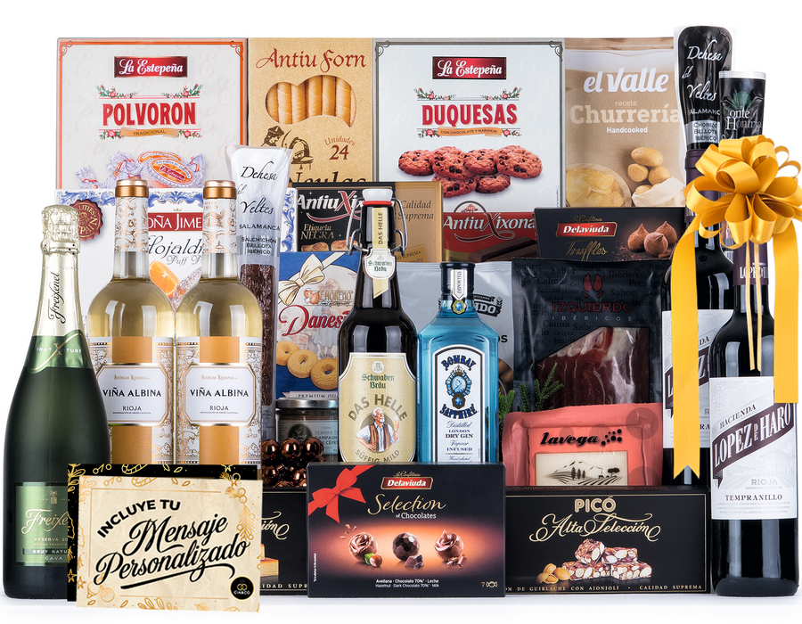 Cesta de Navidad con Jamón Gourmet 2025 (Lote 217) · Con Vino Tinto y Blanco Rioja, Cava, Ginebra, Cerveza, Dulces e Ibéricos · Incluye Tarjeta Personalizable · Regalo Corporativo o Familiar Ideal