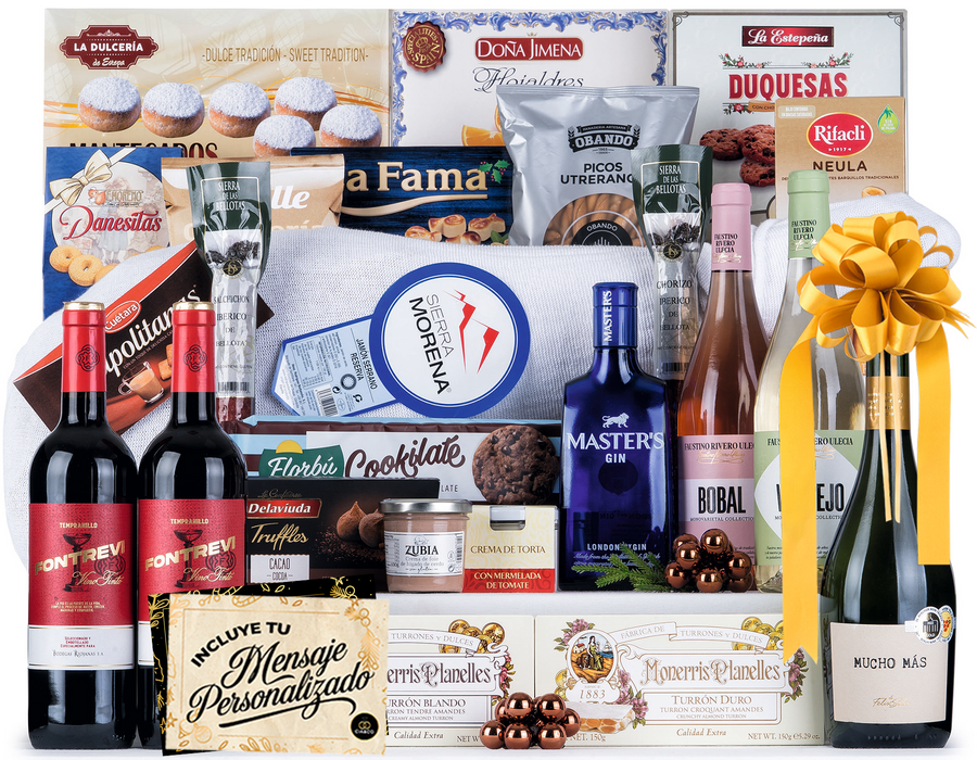 Cesta de Navidad con Jamón Gourmet 2025 (Lote 306) · Con Jamón Serrano, Vinos, Cava, Ginebra, Dulces y Embutidos · Incluye Tarjeta Personalizable · Regalo Corporativo, Familiar o Personal Ideal