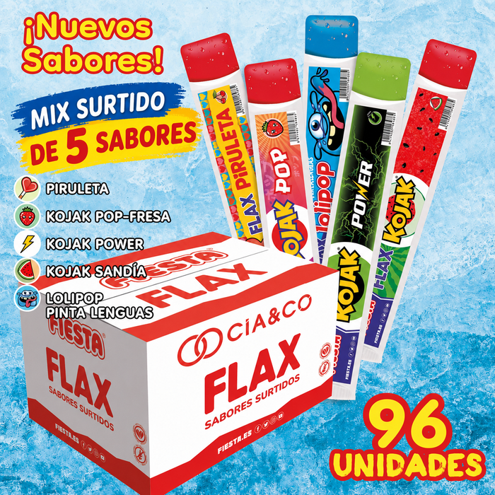 Flashes Fiesta Surtidos CIA&CO – Caja de 96 Polos para Congelar (96 x 65 ml) – 5 Sabores Clásicos – Sin Gluten y Aptos para Veganos