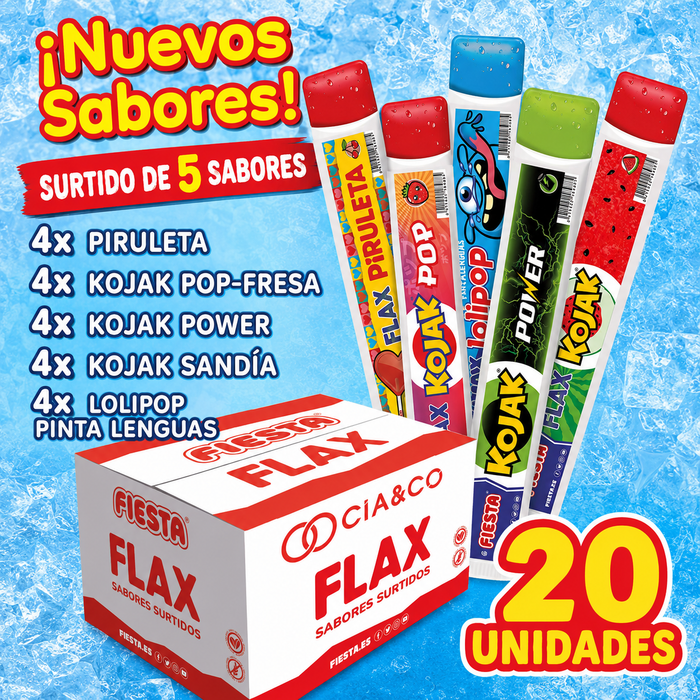 Flashes Fiesta Surtidos CIA&CO – Pack 20 Polos para Congelar (20 x 65 ml) – 5 Sabores de Chuches – Sin Gluten y Aptos para Veganos