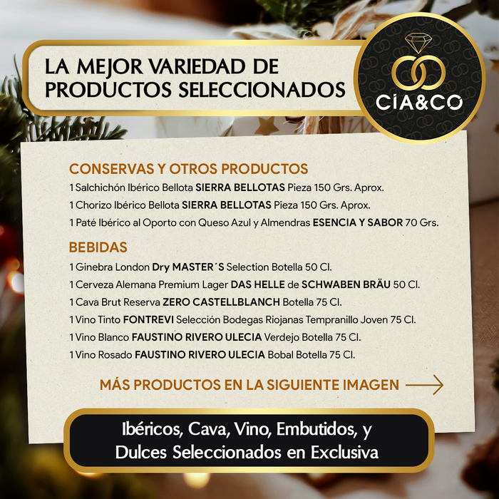 Cesta de Navidad con Ibéricos de Bellota Gourmet 2025 (Lote 210) · Con Vino Tinto/Blanco/Rosado, Cava Brut, Ginebra y Dulces · Incluye Tarjeta Personalizable · Regalo Corporativo, Familiar o Personal