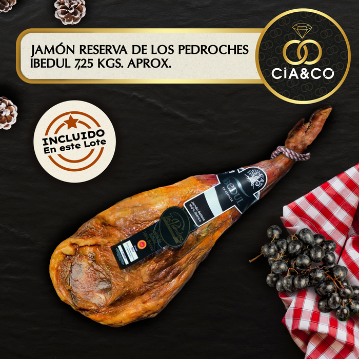 Cesta de Navidad con Jamón Gourmet 2025 (Lote 308) · Con Jamón Reserva, Vinos Rioja & Cune, Cava, Ginebra, Dulces y Ibéricos · Tarjeta Personalizable · Regalo Corporativo, Familiar o Personal Ideal