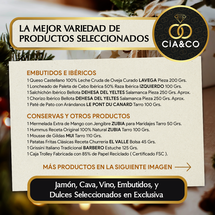 Cesta de Navidad con Jamón Gourmet 2025 (Lote 219) · Con Cava Brut Nature, Vinos Ribera y Rueda, Ginebra, Vermouth y Dulces Selectos · Tarjeta Personalizable · Regalo Corporativo, Familiar o Personal